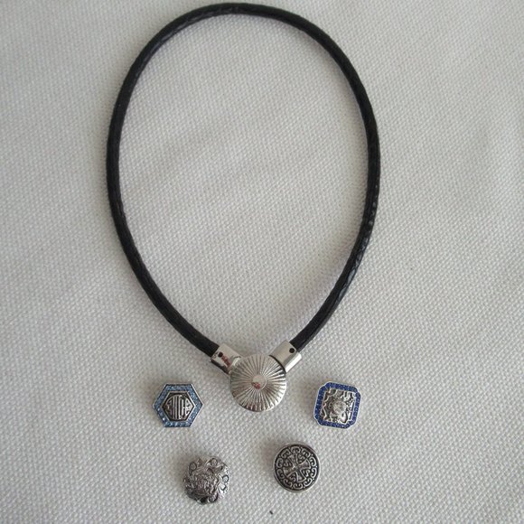Silver Choker Necklace w/ Interchangeable Pendants Black Braided Leather Cord - Picture 8 of 8